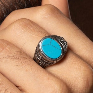 Turquoise Signet Ring for Men&#39;s, Oval Shape Men&#39;s Classic Statement Ring, Nature Inspired Ring, Gift for Him, Father&#39;s Day Gift