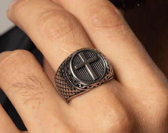 Anillos de sello con cruz para hombre, Anillo de sello con cruz apilable, Anillo de cruz para hombre, Anillo de cruz de Jesús, Anillo religioso