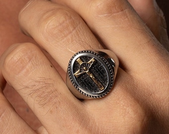 Anillo cruzado de dos tonos para hombre, anillo de declaración apilable con sello cruzado, anillo cruzado para hombre, anillo cruzado de Jesús, anillo cristiano