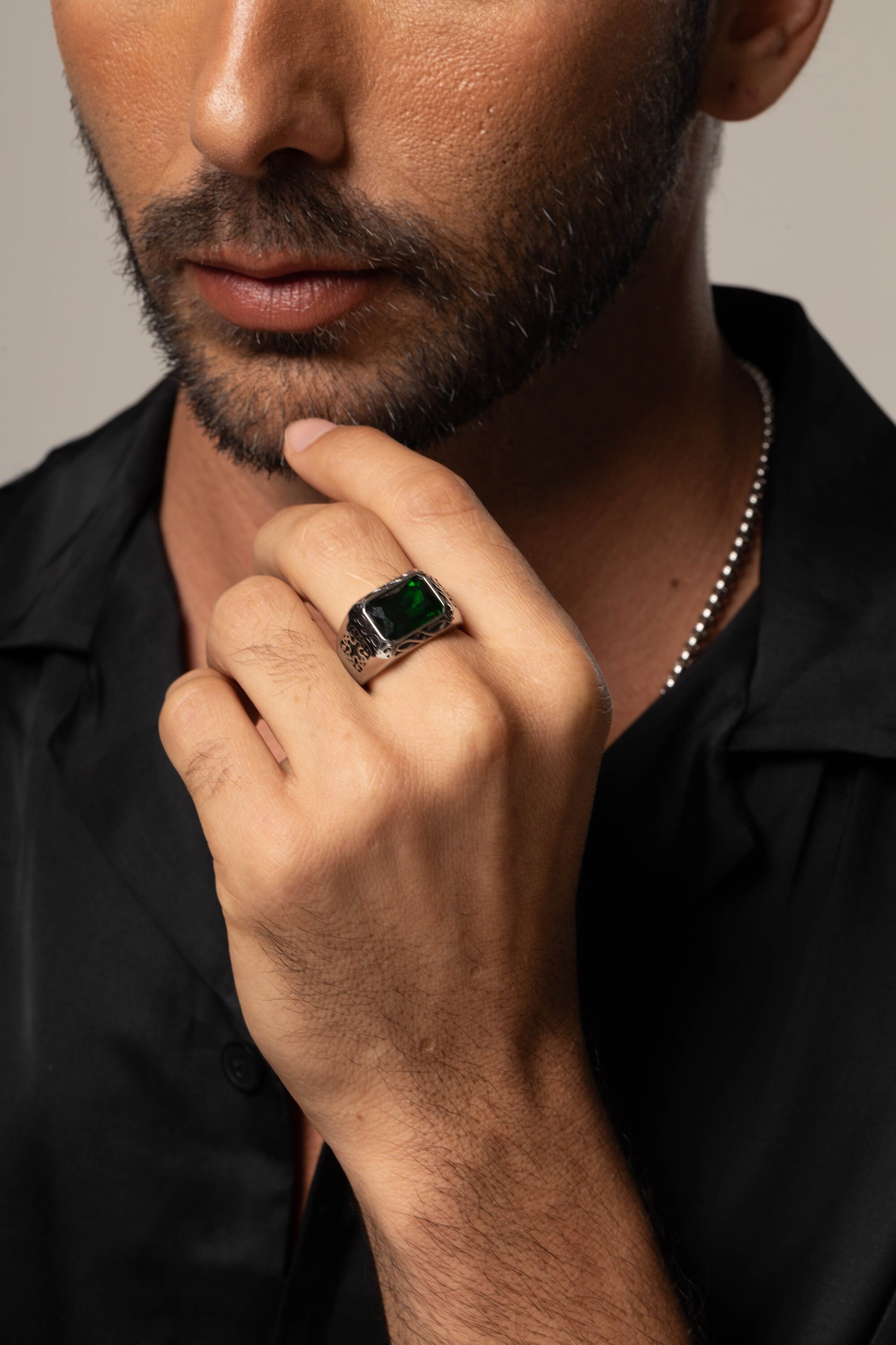 Antique Men's Emerald Signet Ring, Vintage Style Emerald Ring, Statement Ring for Men's, Unique Promise Ring for Boyfriend, Gift for Dad