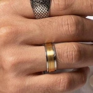 Men&#39;s Two-Tone Spinner Ring, Brushed Wedding Band, Meditation Ring, Wedding Ring for Men, Men&#39;s Promise Ring, Unique Wedding Band