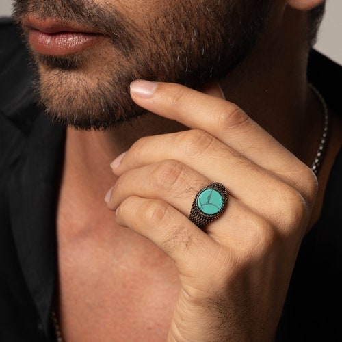 Chevalière turquoise tibétaine pour homme, bague tendance, cadeau bague chevalière classique pour lui, texturé réglable d'inspiration vintage
