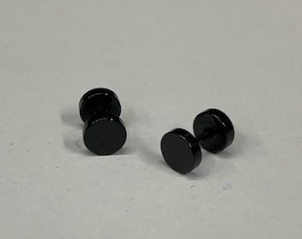 7mm Blaken Screw Stud Earrings for Men's, Plain Stud Earrings, Minimalist Black Dise Studs, Modern Accessories, Piercing Tunnels Black