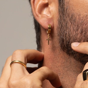 Cross Hoop Earrings, Dangle & Drop Cross Hoop Earrings, Men&#39;s Cross Huggie Hoop Earrings, Religious Jewelry
