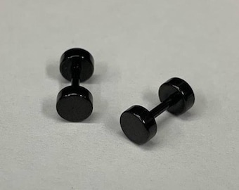 5mm Blaken Screw Stud Earrings for Men's, Plain Stud Earrings, Minimalist Black Dise Studs, Modern Accessories, Piercing Tunnels Black