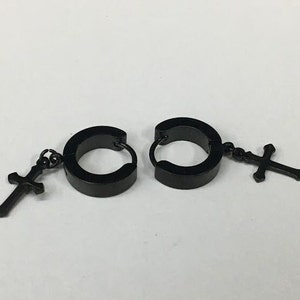Black Plating Cross Hoop Earrings, Cross Huggie Hoop Earrings, Blacken Cross Dangle & Drop Hoops for Men, Religious Jewelry