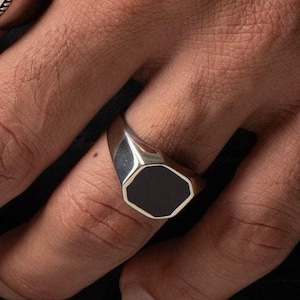 Black Onyx Signet Ring for Men&#39;s, Signet Statement Ring, Anniversary Gift, Mens Pinky Rings, Chunky Ring, Father&#39;s Day Gift