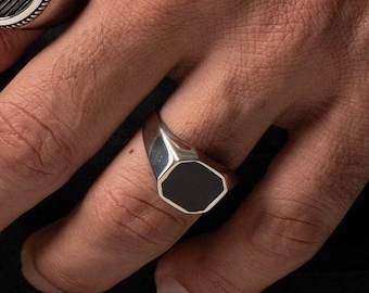 Black Onyx Signet Ring for Men&#39;s, Signet Statement Ring, Anniversary Gift, Mens Pinky Rings, Chunky Ring, Father&#39;s Day Gift