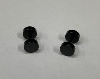 6mm Blaken Screw Stud Earrings for Men's, Plain Stud Earrings, Minimalist Black Dise Studs, Modern Accessories, Piercing Tunnels Black