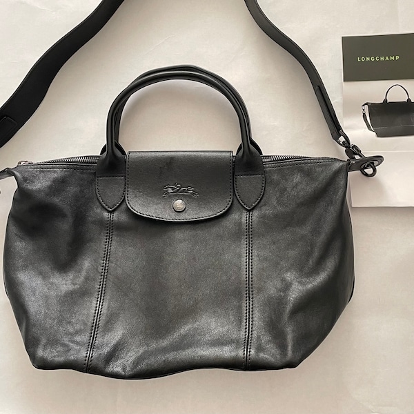 Longchamp Black Leather Top Handles Adjustable Removable Shoulder Limited Edition Wide Strap Houlder Made In French Silver Hardware Bag