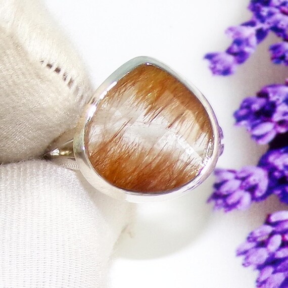 Rustic Bio Rutile Ring in 925 Sterling Silver, Natural Rutilated Quartz, Boho Crystal Jewelry, Christmas Gift for Her, Handmade Ring, F1208