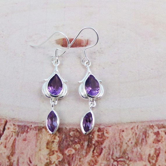 Orecchini Pendenti In Argento Sterling Con Quarzo Rosa E Ametista Sfaccettati - Pietre Naturali