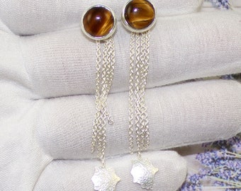 Par de pendientes de enhebrador de ojo de tigre genuino, enhebradores de cadena de plata largos 925, pendientes de piedras preciosas naturales, joyería hecha a mano para mujeres, K42020