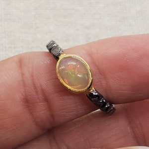 Ethiopian Opal Ring: Dainty Black Rhodium 925 Silver Ring, Size 8