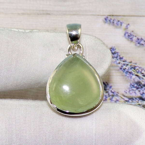 Natural Gemstone Teardrop Pendant, Prehnite Pendant, Dangle Pendant, Green Stone Pendant, 925 Silver Pendant, Handmade Jewelry Gift, K42915