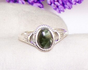 Seraphinit Silberring, Grüner Federstein, Boho Schmuck, Größe 7US