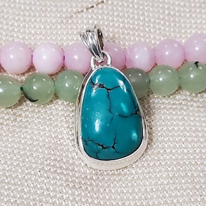 Striking Blue - Green Tibetan Turquoise Pendant - Tibetan Turquoise Pendant - Plain Setting Turquoise Pendant- 92.5 Sterling Silver A7603