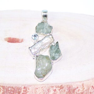 Natural Aquamarine Pendant, Biwa Pearl Pendants, Blue Topaz Pendants, Multi Stone Pendants,Raw Aquamarine Jewelry, 925 Silver Pendant,D72029