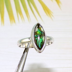 AAA Quality Ammolite Ring, Green Fire Ammolite Ring, Solid 925 Sterling Silver Ring, For Her, Ammolite Jewellery, Tiny Ring, D10320