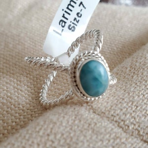 Anillo larimar natural en plata de ley sólida 925, anillo larimar, anillo Larimar hecho a mano- anillo de plata de ley 925, dominicano Larimar