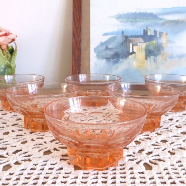 Gorgeous French vintage salmon pink glass ice cream coupes / dessert dishes / champagne cups - elegant dining - 10 available