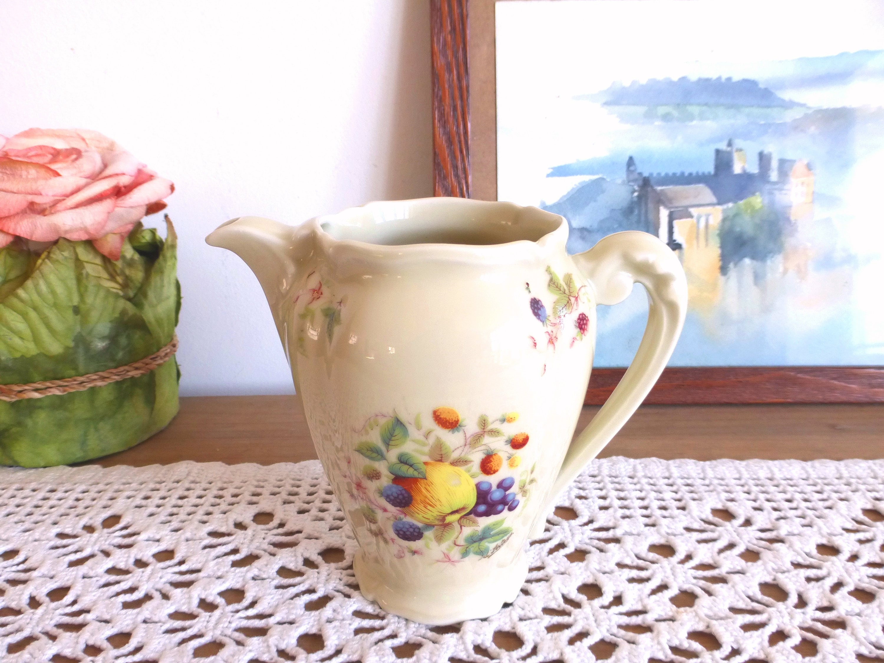 Belle Français Vintage Anicenne Fabrique Royale Limoges Couleur Ivoire Pichet de Lait/Pot à Couvercl