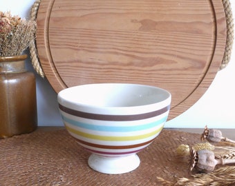 Funky French vintage ceramic footed café au lait / snack bowl - multicolored stripes - retro