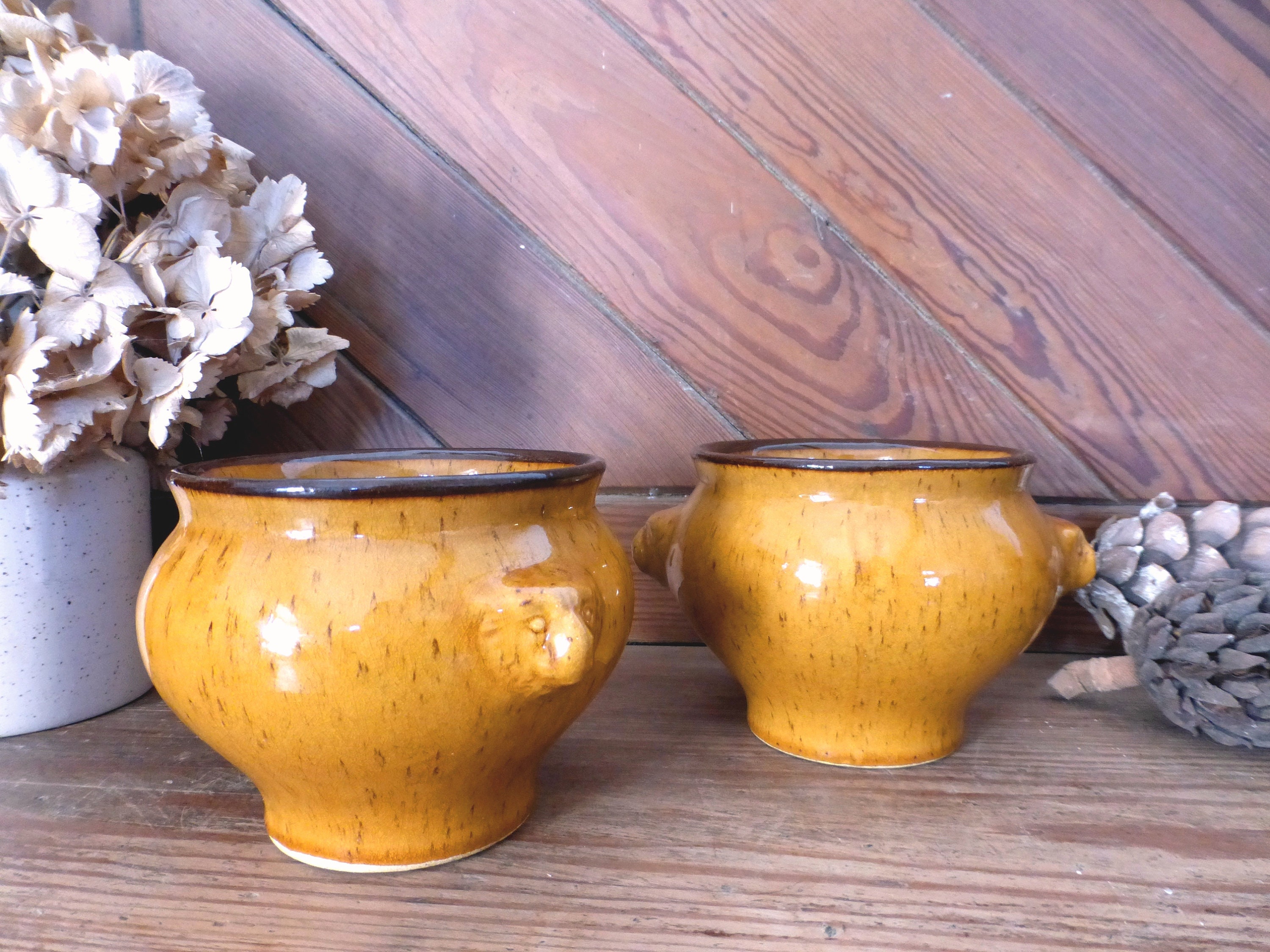 Deux Magnifiques Bols de Soupe en Grès Ocre Moucheté Vintage Français - Style Ferme Rustique 8 Dispo