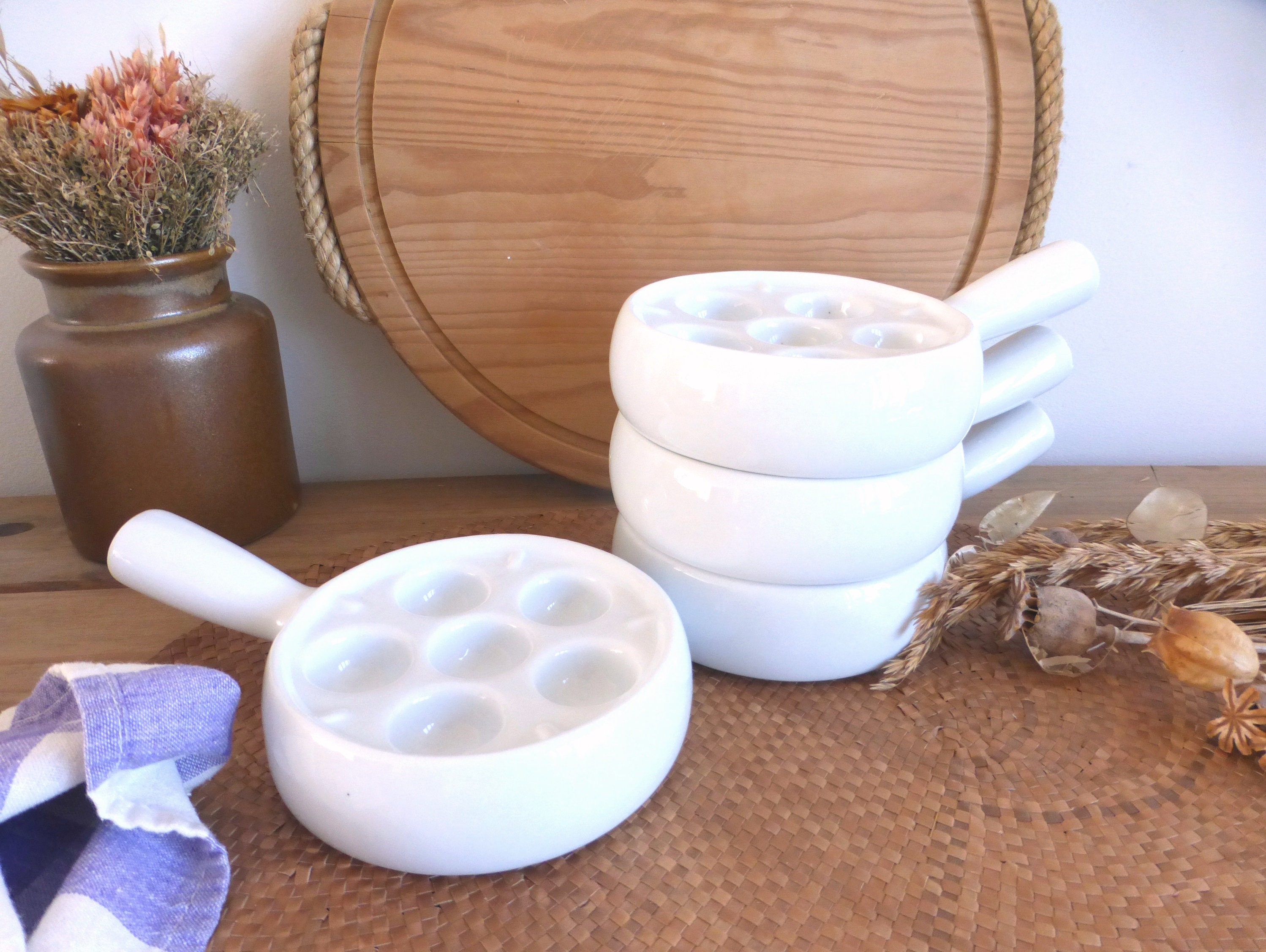 Deux Français Escargot d'escargot 6 Trous Vintage en Céramique Blanche Servant Des Plats Poelons - J