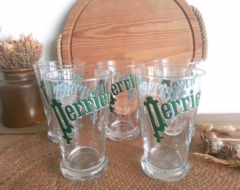 Pair of classic French vintage PERRIER advertising promotional water glasses tumblers – green logo – bistro / café style glassware