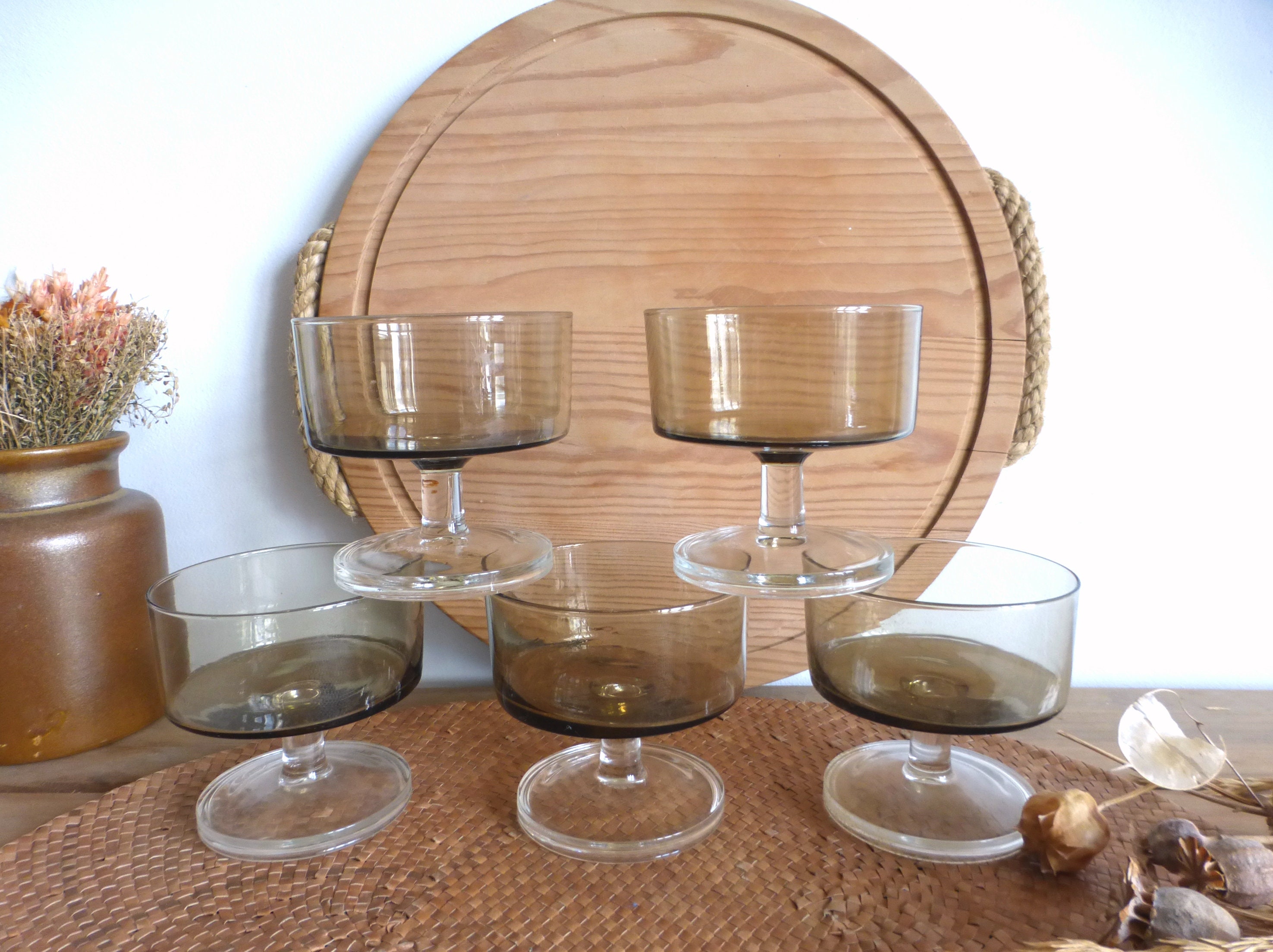 Élégant Français Vintage Luminarc Cavalier Verre de Champagne Fumé/Verres à Cocktail Plats Dessert -