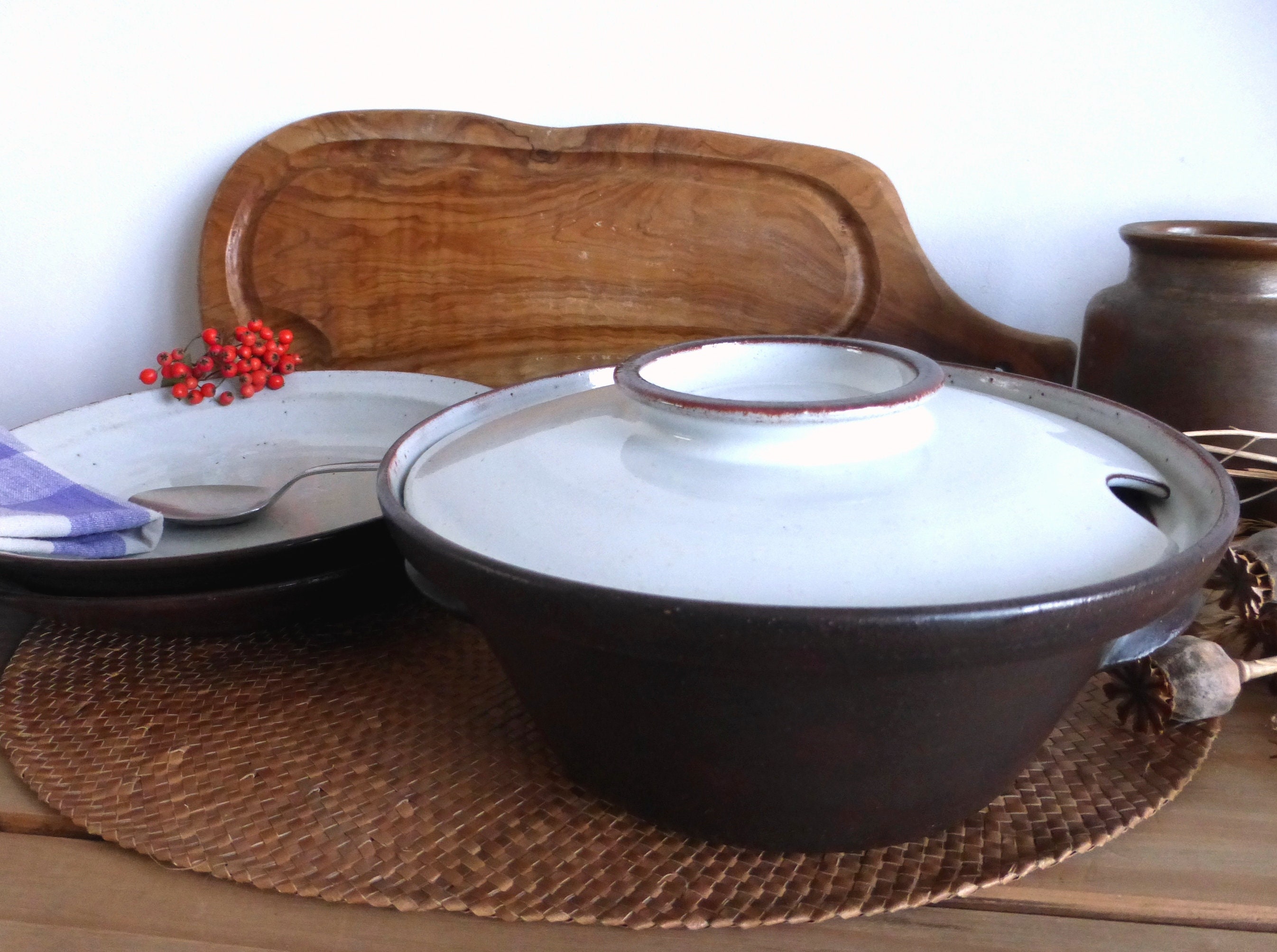 Rare Vintage Dutch Zaalberg Design Studio de Poterie Faite à La Main - Grès Marron Bicolore Tureen P