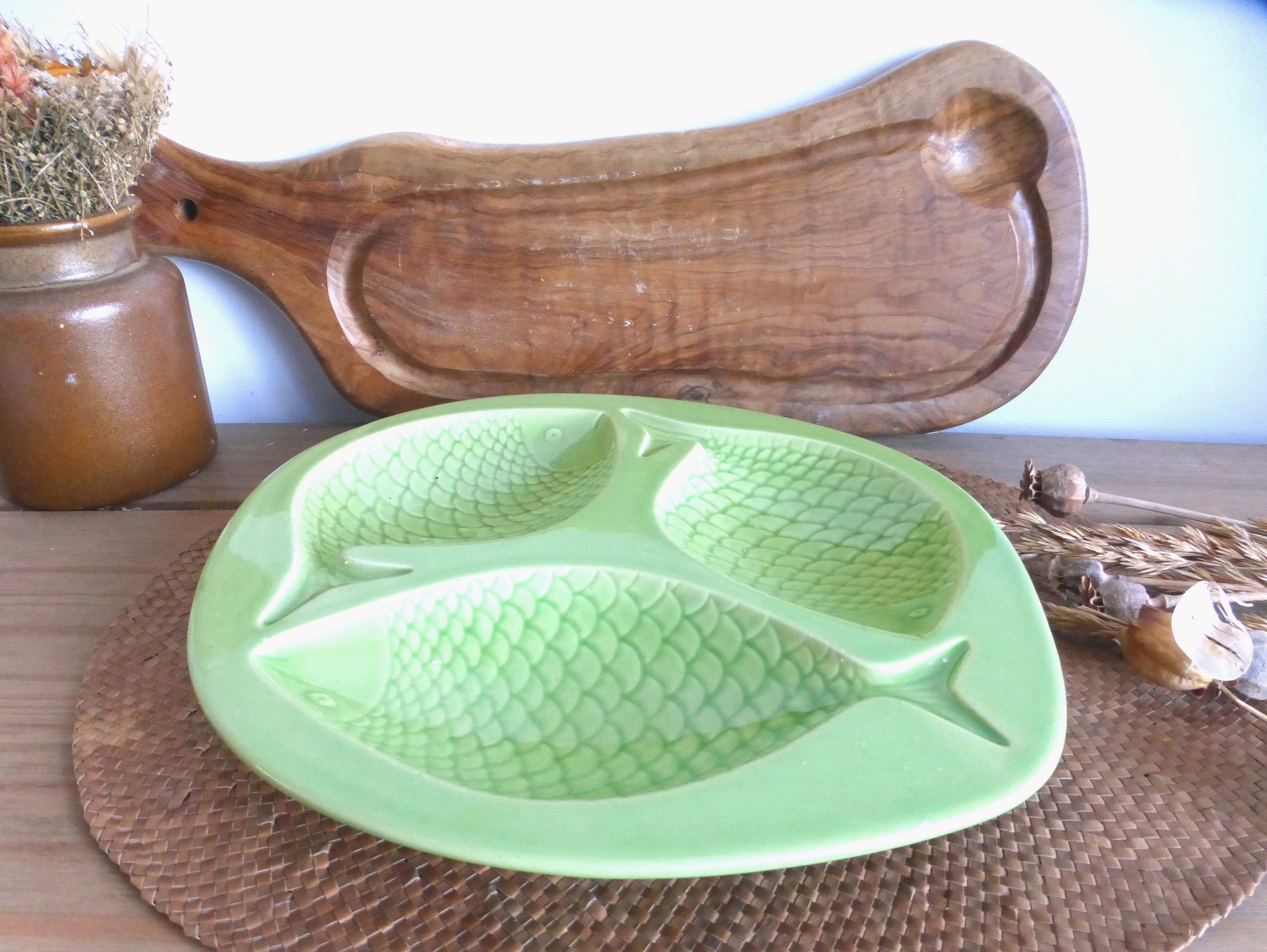 Original Français Vintage St Clement Céramique Verte Trois Plateaux de Poisson Snack Canapé Assiette