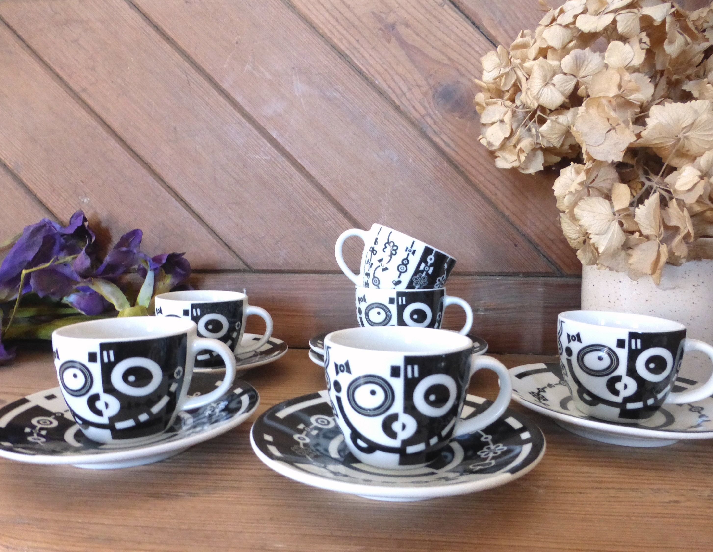 Ensemble de Six Tasses à Café et Soucoupes Vintage Ritzenhoff Design My Little Darling Noir Blanc Ex