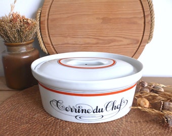 Fabulous French vintage Création JACQUES LOBJOY / Porcelaine d’Auteuil / Apilco Terrine du Chef – white & orange stripe Bistrot line