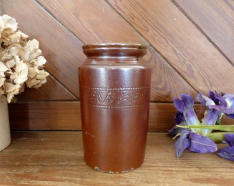 Lovely English antique dark chocolate brown salt-glazed stoneware earthenware crock w/ frieze – utensil jar kitchen storage - rustic boho