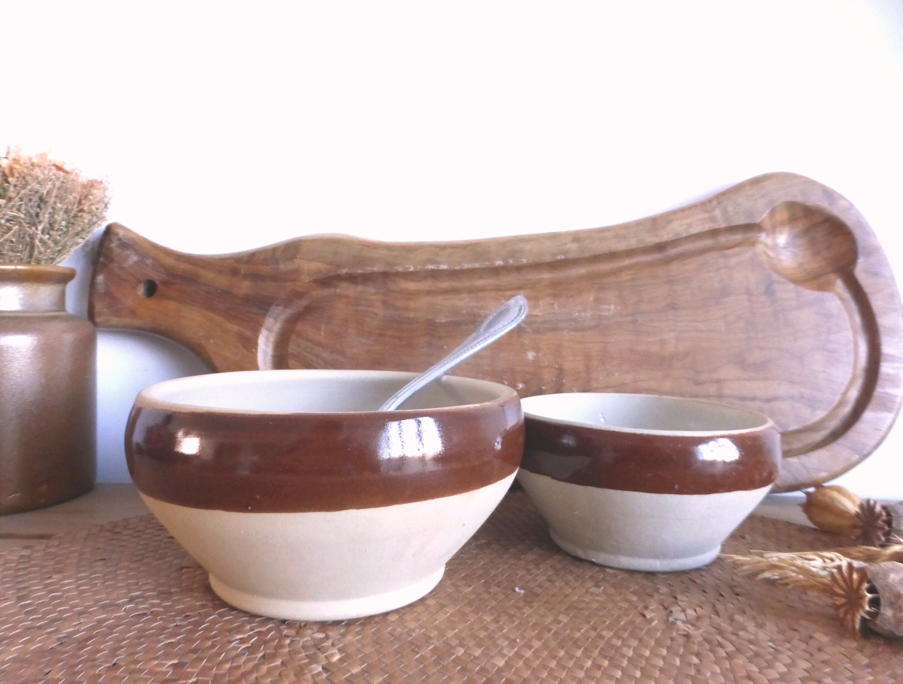 Deux Jolis Français Vintage Digoin Grespots Bols à Mélanger en Grès Bicolore Marron - Rustique Ferme