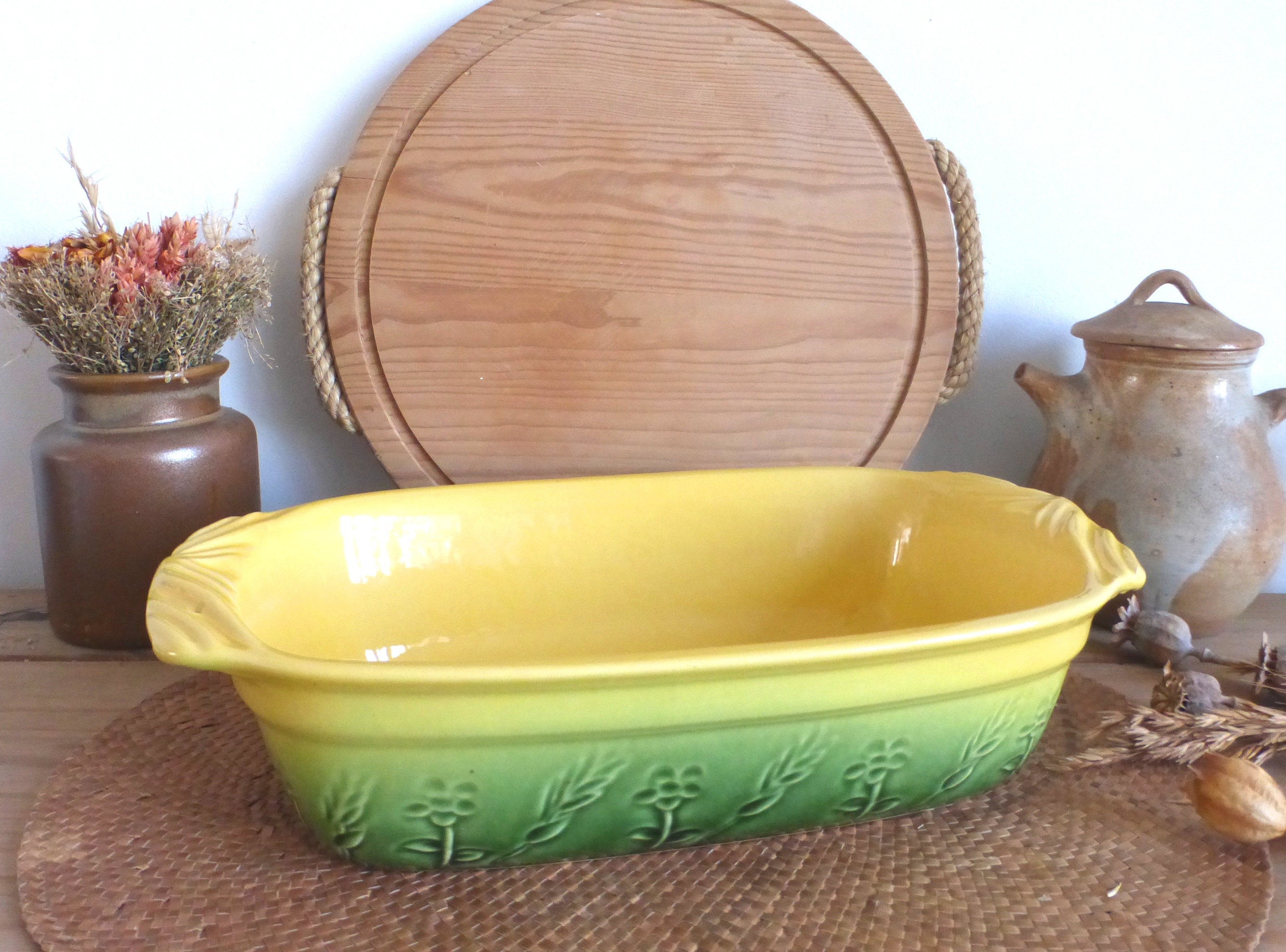 Vibrant Français Vintage Bci Bretagne Jaune et Vert Glacé Floral Gaufré Plat de Cuisson - 2 Disponib