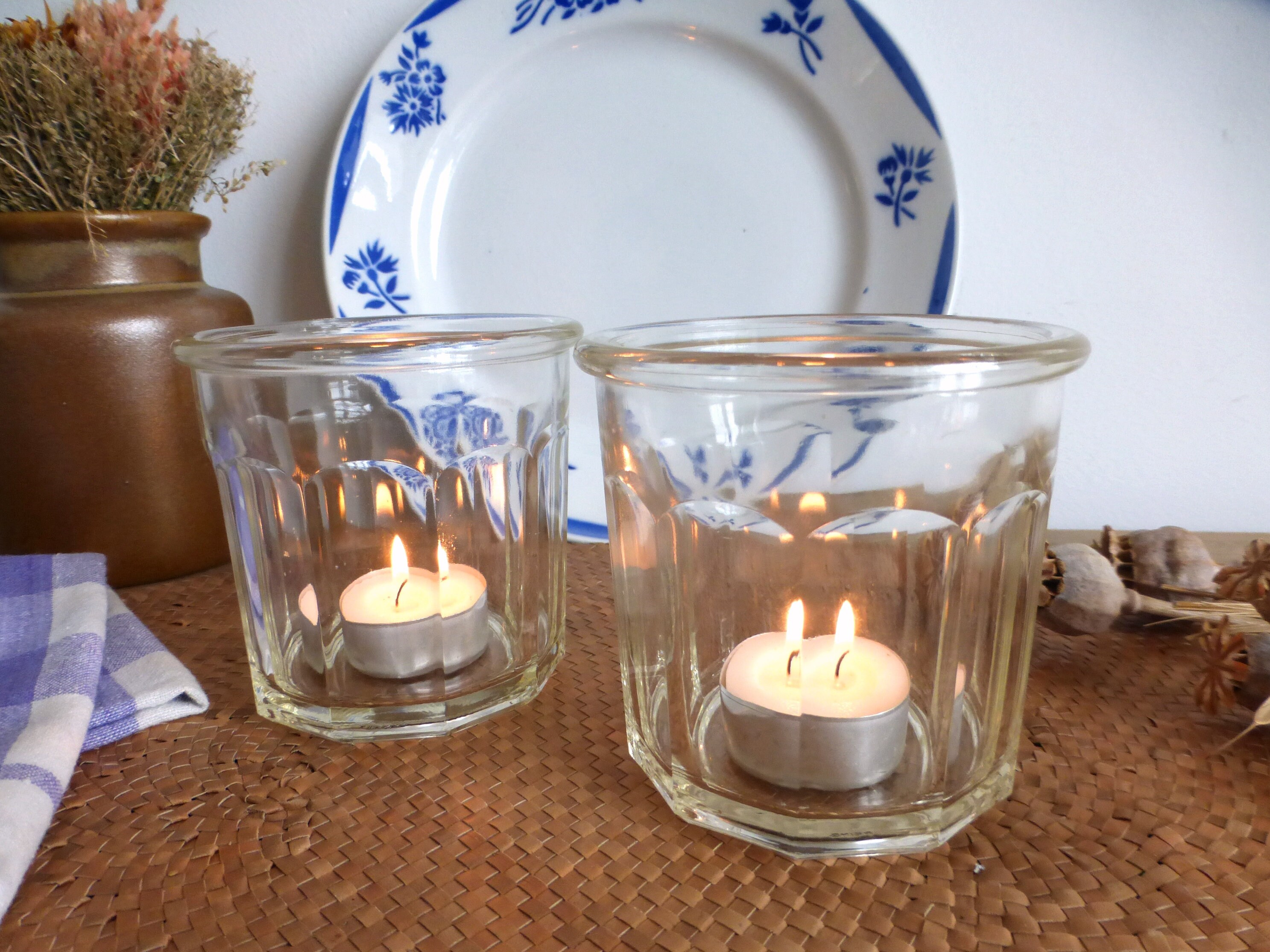 Deux Beaux Pots Vintage Français Épais et de Confiture Gelée - Rangement Rustique/Porte-Lampes Style