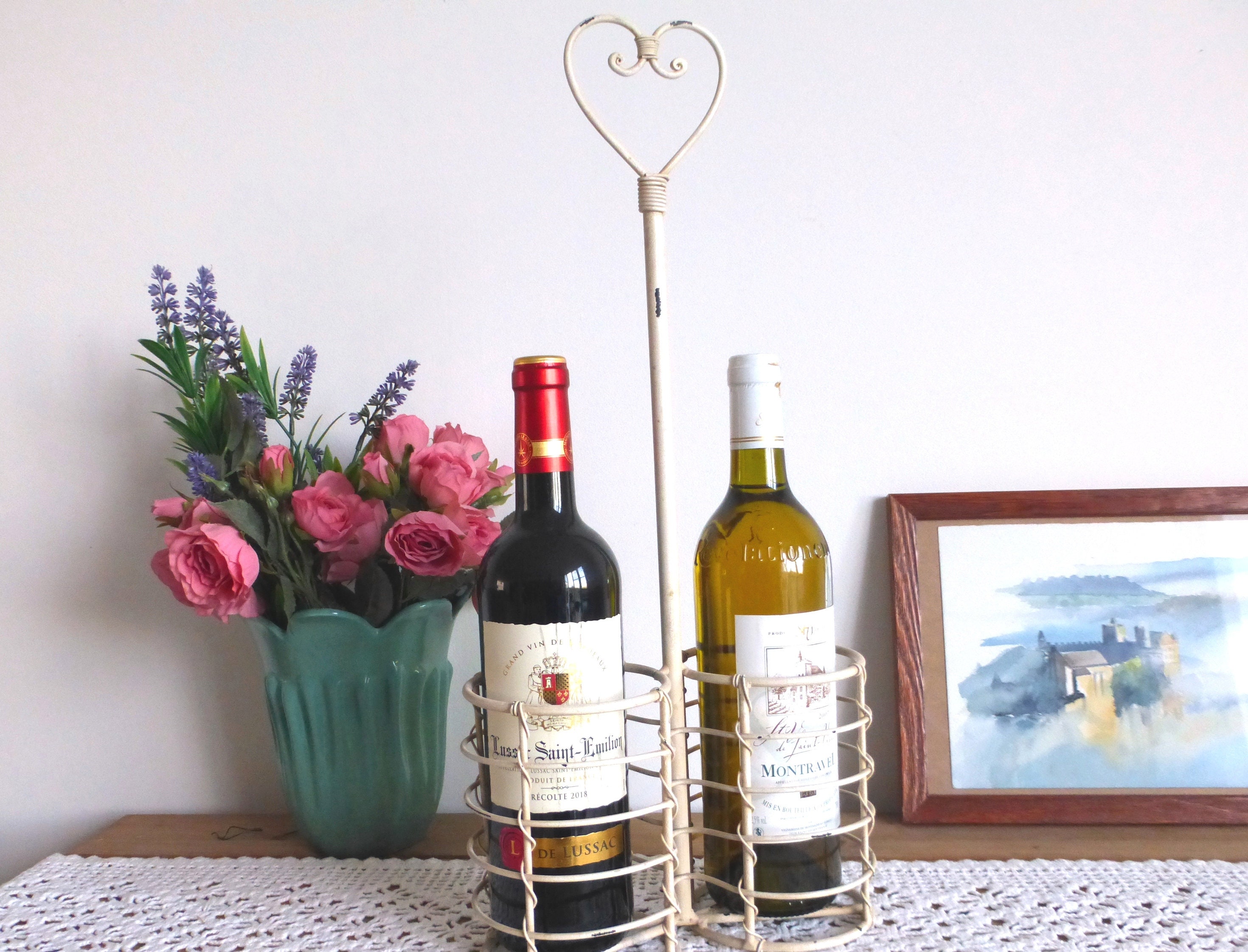 Joli Français Porte-Bouteille de Vin Blanc Vintage Toleware - Poignée Romantique en Forme Cœur Chipp