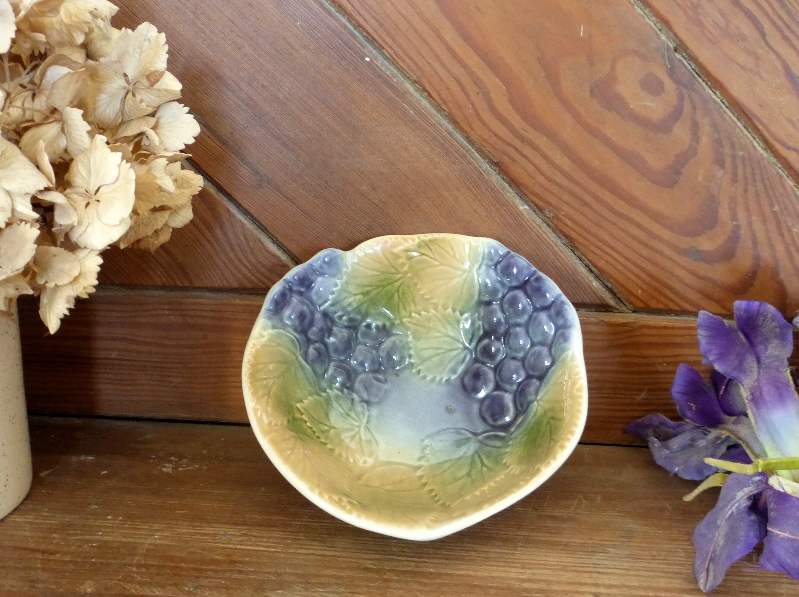 Belle Français Pot Millésimé Jars France Bol de Majolique avec Raisins et Feuilles Vigne - Ferme Rus