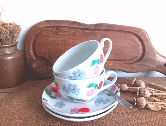 Pair of Vintage CATH KIDSTON Cherries Floral China XL Breakfast Cups &  Saucers  Oversized Tea / Coffee Cups- Retro Country Cottage - Etsy