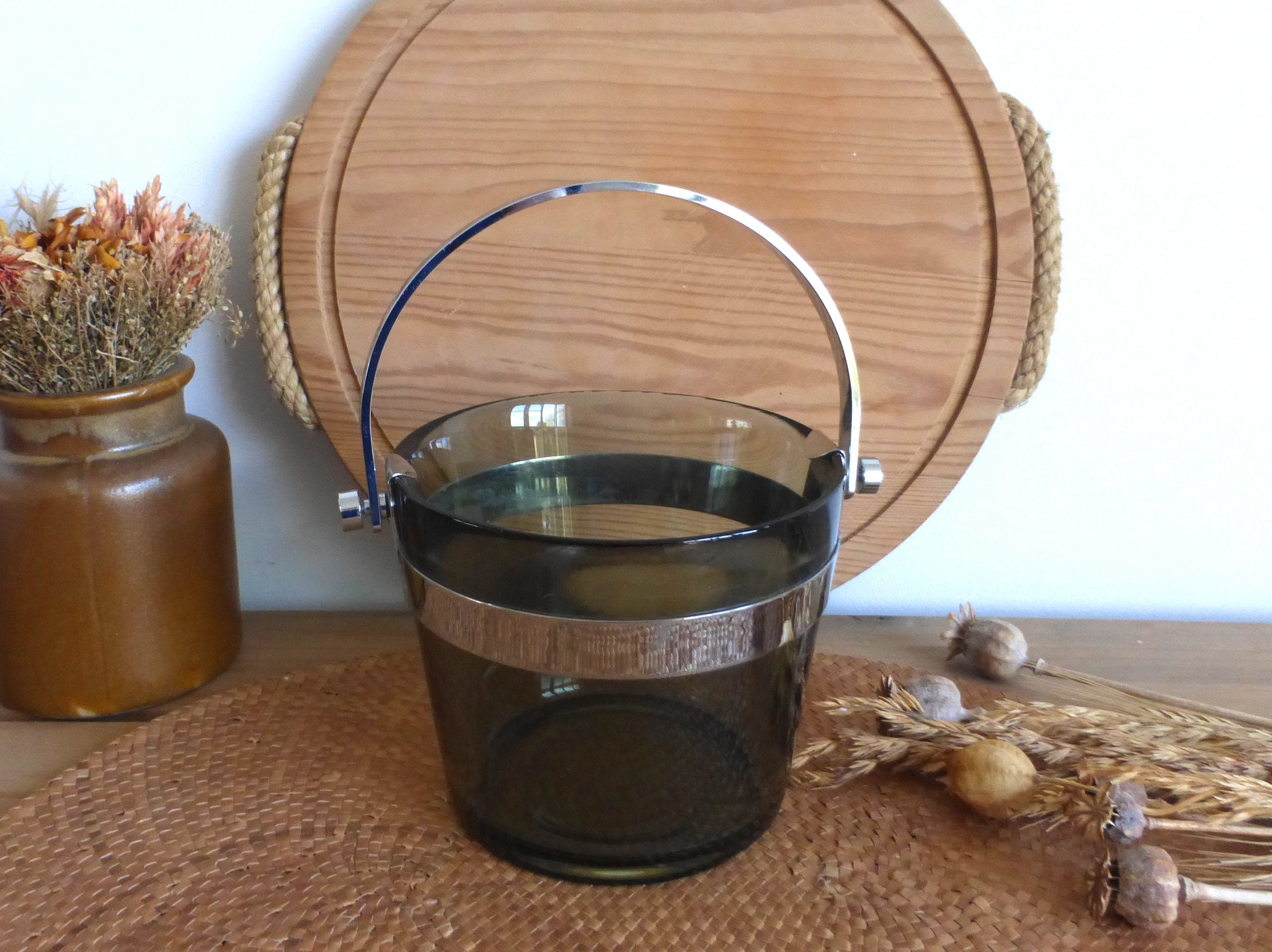 Élégant Seau à Glace Fumé ou Chrome Vintage Orrefors Suédois - Barware Rétro Chic Style Moderne Du M