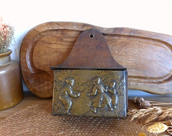 RARE vintage French handmade wood and embossed metal salt box / kitchen storage – children playing – rustic farmhouse