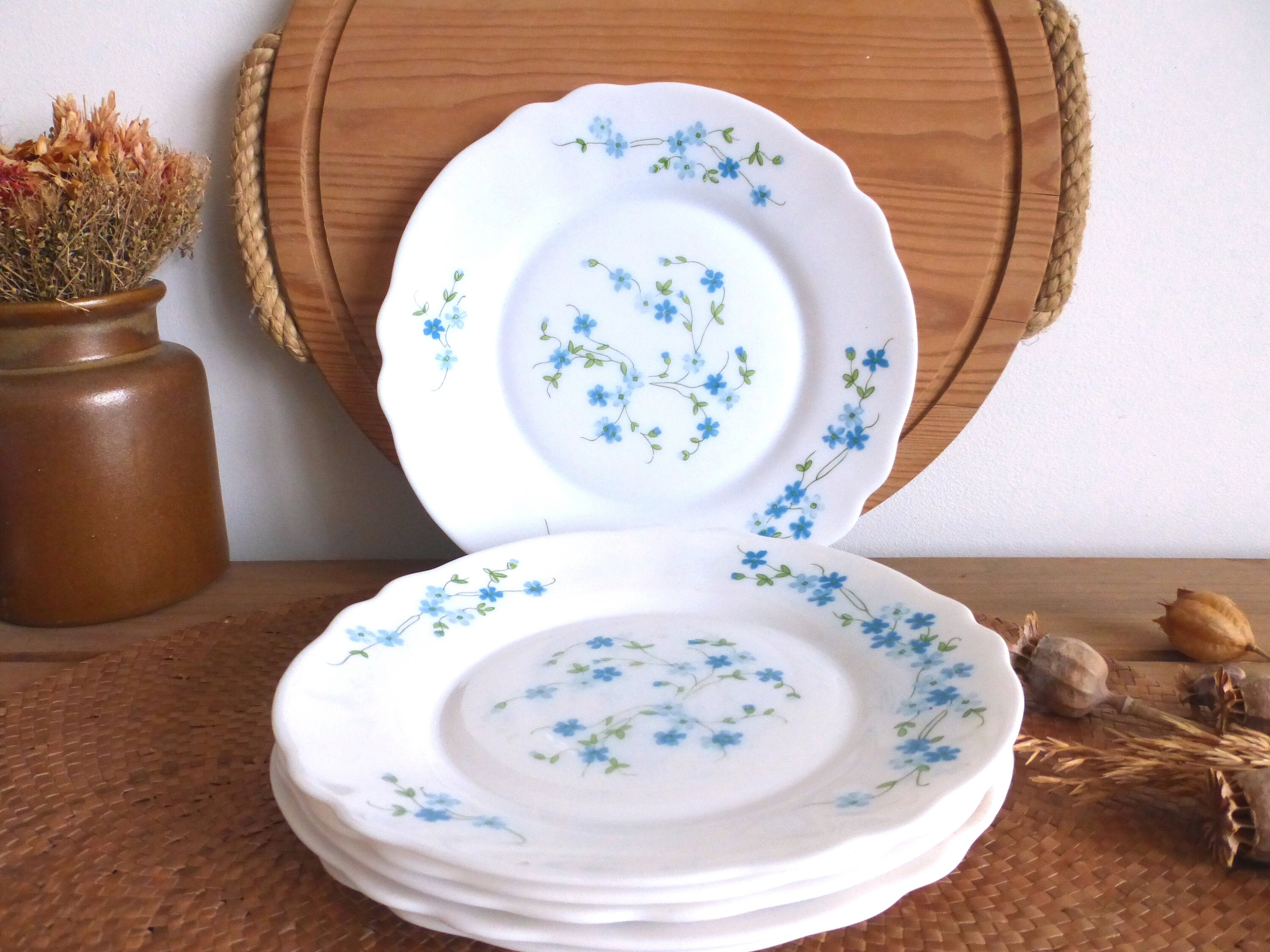 Six Jolies Français Vintage Arcopal Myosotis - Forget-Me-Not Veronica Milk Glass Petites Assiettes à