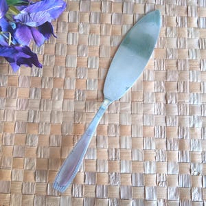 May include: A silver butter knife with a rounded blade rests on a woven placemat. The knife is positioned diagonally, with a handle that tapers to a decorative end. Purple flowers are in the upper left corner.