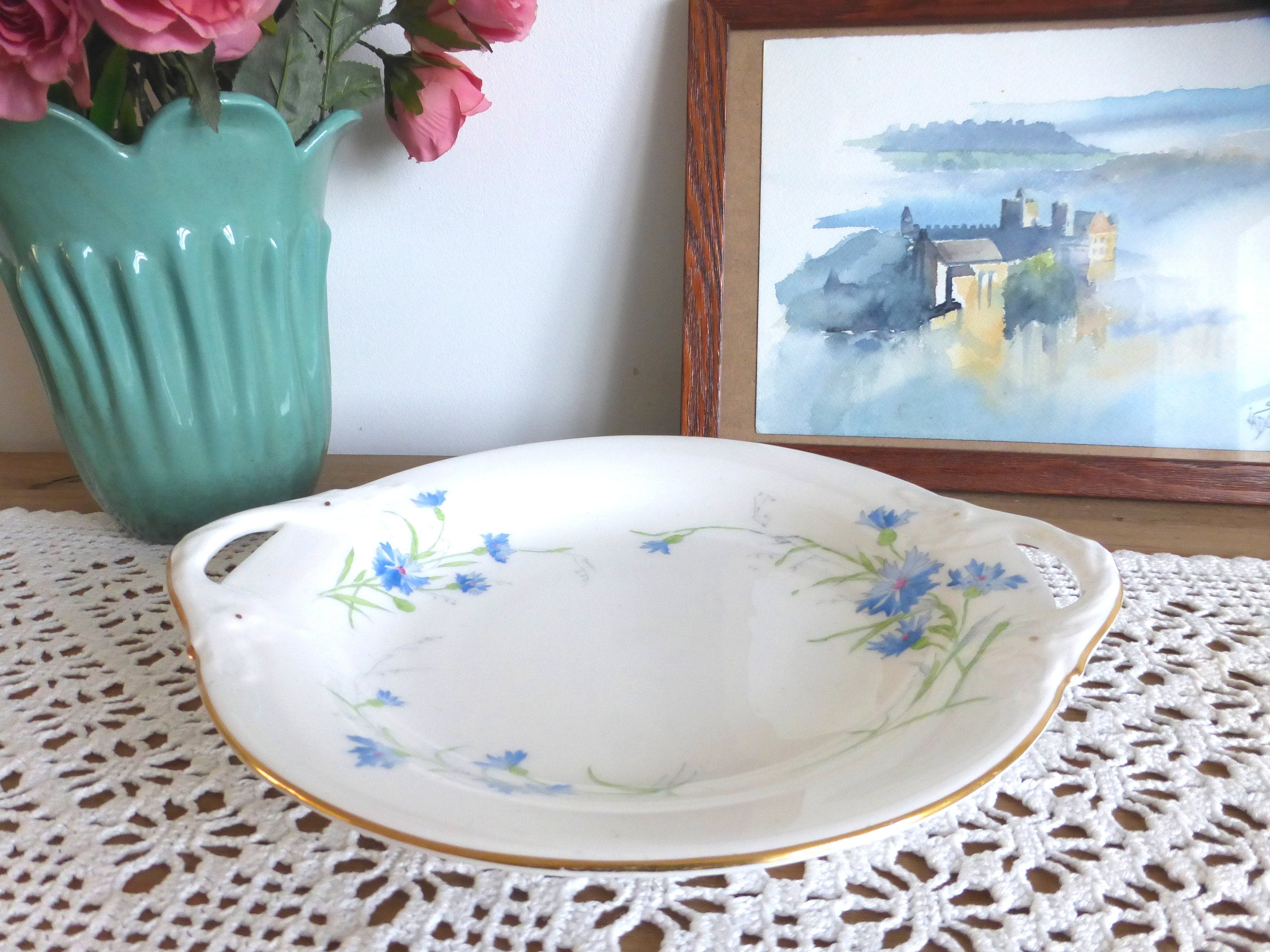 Délicieux Plateau de Gâteau/Assiette en Porcelaine Royal Worcester Vintage Anglais avec Décor Bleuet