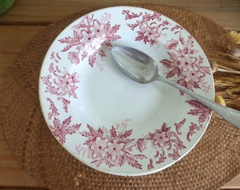 Lovely French antique ST AMAND Anemone ironstone soup / cereal / pasta bowl - red floral transferware – boho shabby chic – 5 available