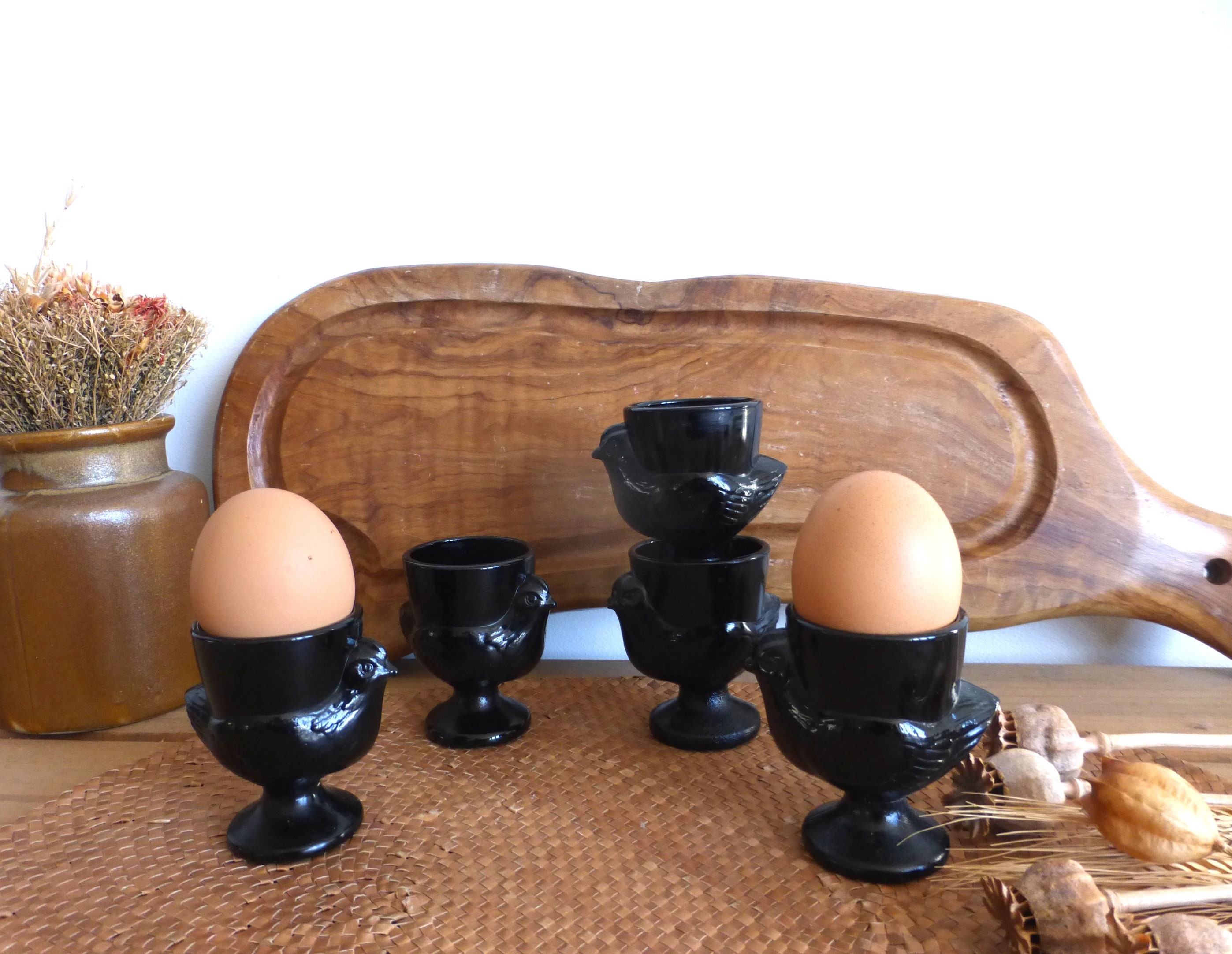 Ensemble de Cinq Jolies Français Vintage Luminarc Poule en Forme Tasses à Oeufs Verre Lait Noir - Fe