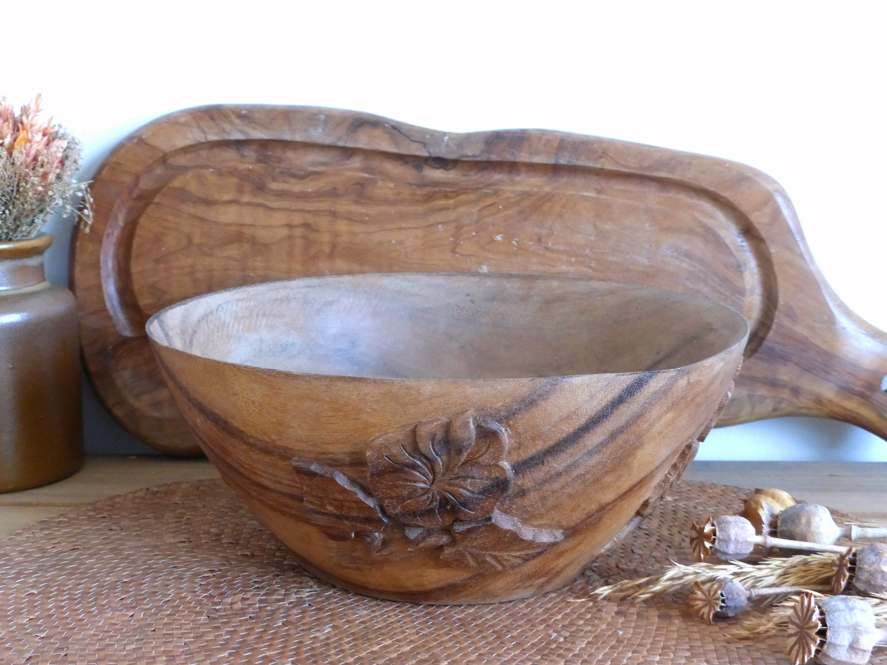 Belle Français Bol en Bois Vintage Fait à La Main Sculpté avec Des Fleurs - Beau Grain Charme Rustiq